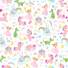Princesses, dragons and unicorns. Seamless pattern. 
