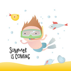 Holiday card design. Baby shower. A child swimming in the sea with shells, fish and bubbles.