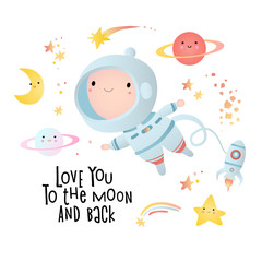 Holiday card design. Baby shower. A little astronaut floating around in open space, among stars and comets.