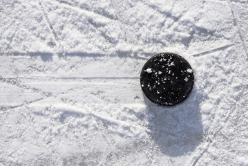 hockey puck lies on the ice in the stadium