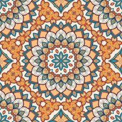 Decorative colorful ethnic seamless pattern for fabric or wrapping in oriental style. Hand drawn illustration