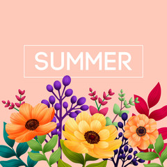 Summer Tropical Design. Template with Leaves and Flowers on pink background. Vector illustration.