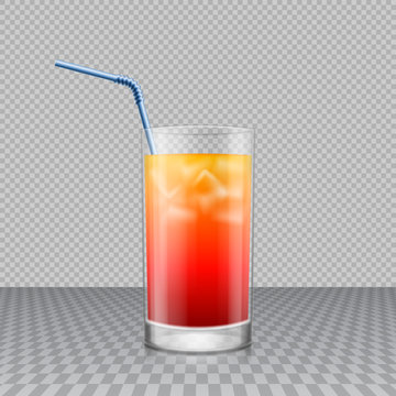 Realistic transparent glass of drink with ice cubes and drinking straw in it