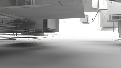 3D rendering of an exploded cube on a white background. Many segments randomly scattered in space, having different shapes. Illustration, abstraction, surrealism of mathematical Sciences.