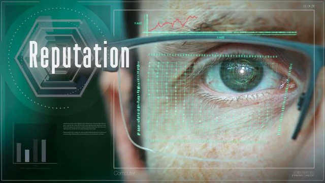 A close up of a businessman eye controlling a futuristic computer system with a Reputation Business concept.