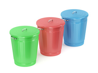 Green, red and blue trash cans