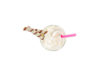 Fototapeta na wymiar Milkshake with waffle, straw isolated white view up