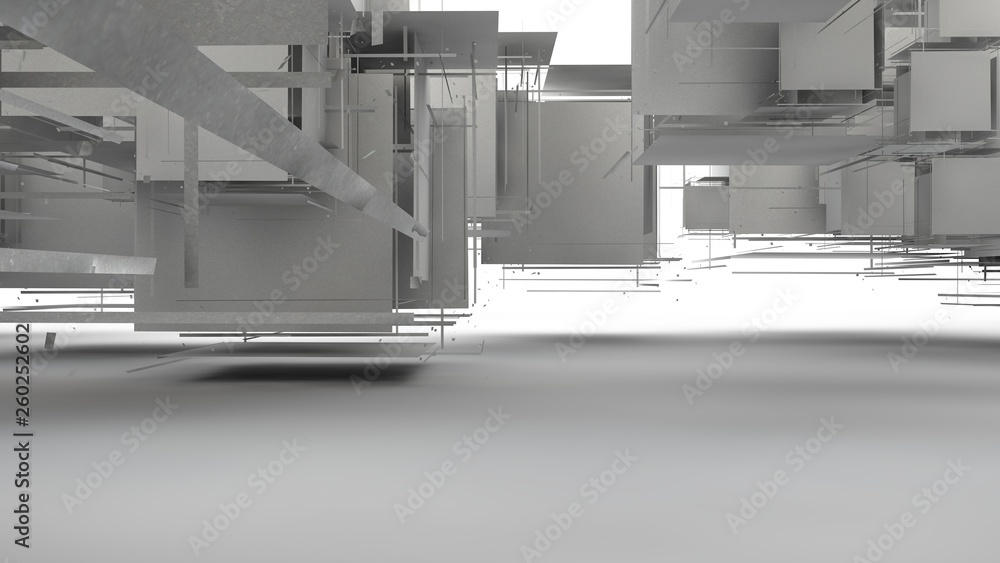 Poster 3d illustration of a set of geometric objects of white color, fragments of broken cubes, forming a c