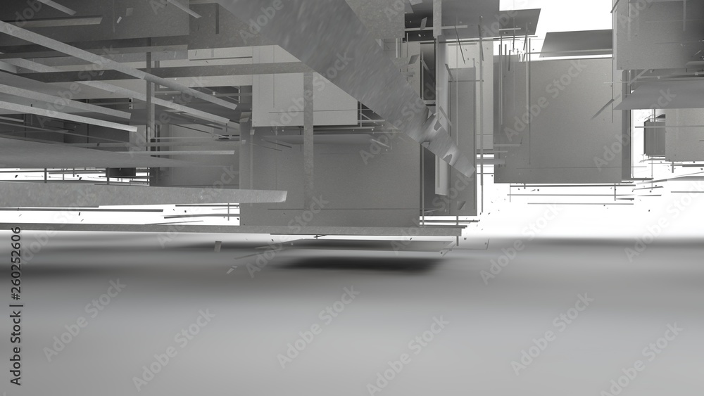 Poster 3d illustration of a set of geometric objects of white color, fragments of broken cubes, forming a c