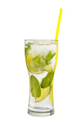 Summer drink with lime and mint isolated white