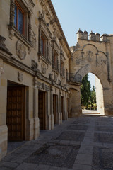 Fototapeta na wymiar Baeza (Spain). Puerta de Jaén and Arco de Villalar in the Plaza del Pópulo in the town of Baeza