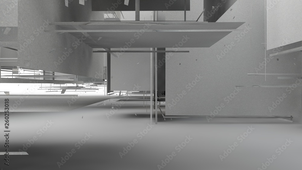 Poster 3d illustration of a set of geometric objects of white color, fragments of broken cubes, forming a c