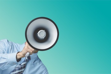 Megaphone using voice advertisement bullhorn public speaker talking men