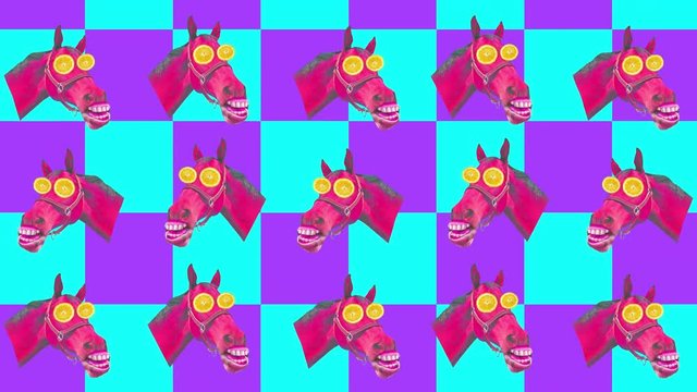  15 dancing hipster horse with lemon on eyes, on an abstract background. Surreal art, contemorary art collage, zine culture.