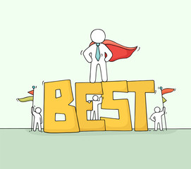 Sketch of working little people with big word Best.