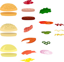 A set of ingredients for a hamburger: buns, meats, vegetables, sauces. Illustration for children. Menu design, cafe, food club, fast food.