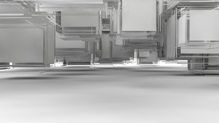 3D illustration of chaos, cloud of debris, the explosion of the cubes decay on the part. Gray elements hang in the space above the white surface. 3D rendering of futuristic design, isolated