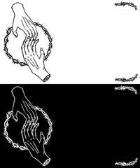 Two arms. Wedding invitation design. Romantic postcard. Black and white.