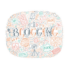 Vector blogging doodle illustration, hand drawn blogging elements