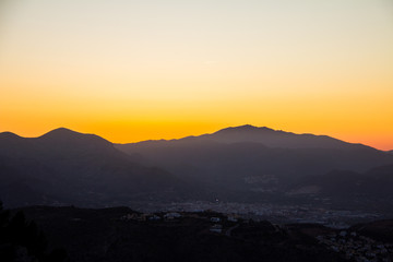 Panoramic view of Pego mountains in Alicante, Spain, at sunset. View from Segaria mountain.