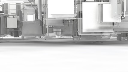 3D illustration of chaos, cloud of debris, the explosion of the cubes decay on the part. Gray elements hang in the space above the white surface. 3D rendering of futuristic design, isolated