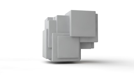3D rendering of geometric shapes in space on white isolated background. 3D cubes in the group, compatible and fused, hang in the space above the white surface. Abstraction.