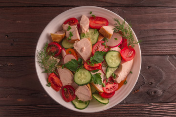 Chicken Breast, Cucumber Radish and Tomato Salad with Greens