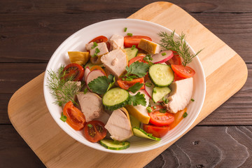 Chicken Breast, Cucumber Radish and Tomato Salad with Greens