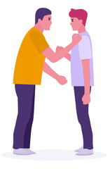 Obraz premium scared smart boy is attacked by thugs. threat to be beaten up by street gang. teenage violence concept. White background. Vector illustration in a flat cartoon style