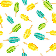 Watercolor bright green, yellow and blue popsicle seamless pattern