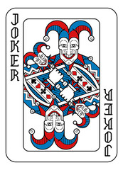 A playing card Joker in red, blue and black from a new modern original complete full deck design. Standard poker size.
