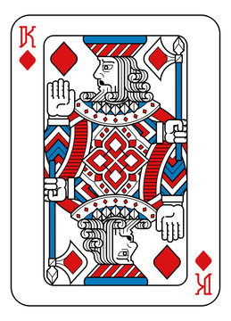 A playing card king of Diamonds in red, blue and black from a new modern original complete full deck design. Standard poker size.