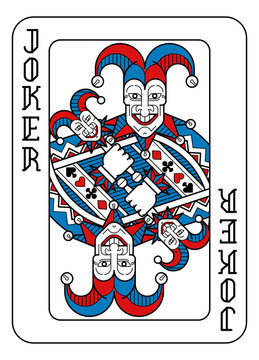 A playing card Joker in red, blue and black from a new modern original complete full deck design. Standard poker size.