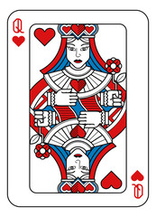 A playing card Queen of hearts in red, blue and black from a new modern original complete full deck design. Standard poker size.