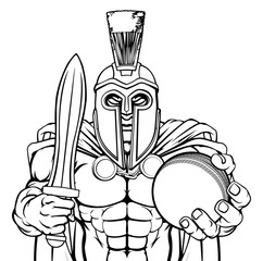 A Spartan or Trojan warrior Cricket sports mascot holding a ball