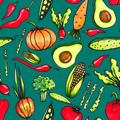 Seamless vegetable pattern. Abstract hand drawn pattern. Print for fabrics and other surfaces.Corn, asparagus, radish, onion, red chili pepper, broccoli, carrots, bell pepper, avocado, cucumbe