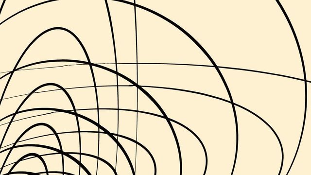 Abstract black intertwined 3D frames of circles rotating on light brown background, seamless loop. Animation. Volume rings of different size spinning endlessly.