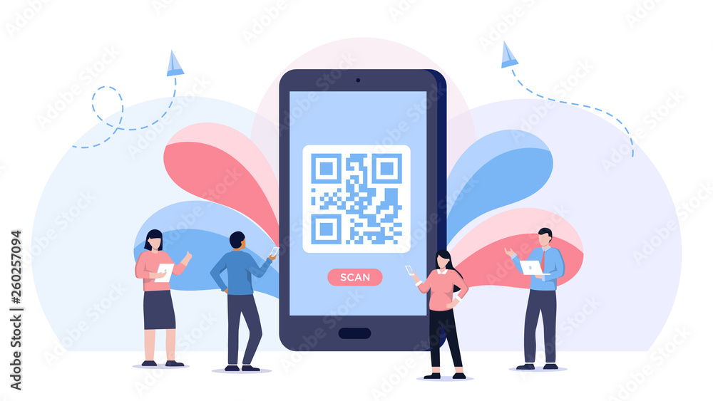 Aufkleber qr code scanning vector concept, people use phone and scan qr code for payment, can use for, landing