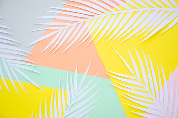 Fototapeta na wymiar Summer concept with white paper palm leaves on color background with copy space. Summer tropical exotic palm plant frame flat lay, top view