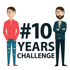 Hashtag 10 years challenge concept flat vector illustration of young men standing near letters comparing the appearance and lifestyle before and after ten years - Vector