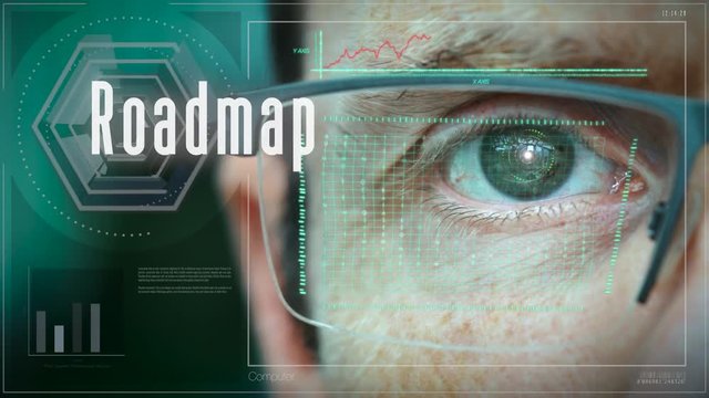 A close up of a businessman eye controlling a futuristic computer system with a Roadmap Business concept.