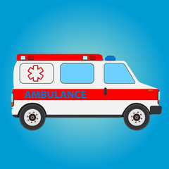 Vector illustration ambulance car on blue background. Ambulance auto paramedic emergency. Ambulance vehicle medical evacuation. Cartoon ambulance silhouette on blue - Vector