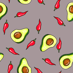 Seamless vegetable pattern. Abstract hand drawn pattern. Print for fabrics and other surfaces. Avocado and red chili peppers.