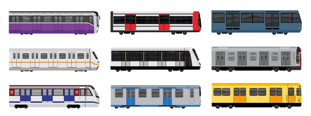 Subway train icons set. Cartoon set of subway train vector icons for web design