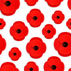 Seamless pattern of Realistic Poppy flowers. Red poppies isolated on a white background.