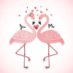 Hand drawn cute flamingos falling in love.