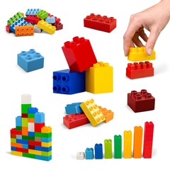 Obraz premium Colorful children building bricks on background