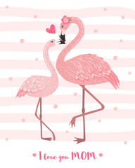 Cute pink flamingo mom with its baby.