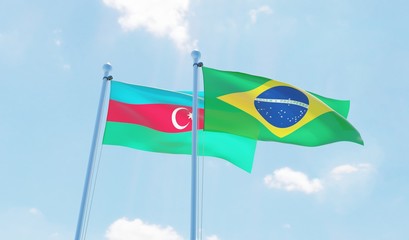 Brazil and Azerbaijan, two flags waving against blue sky. 3d image