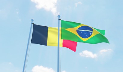 Brazil and Belgium, two flags waving against blue sky. 3d image